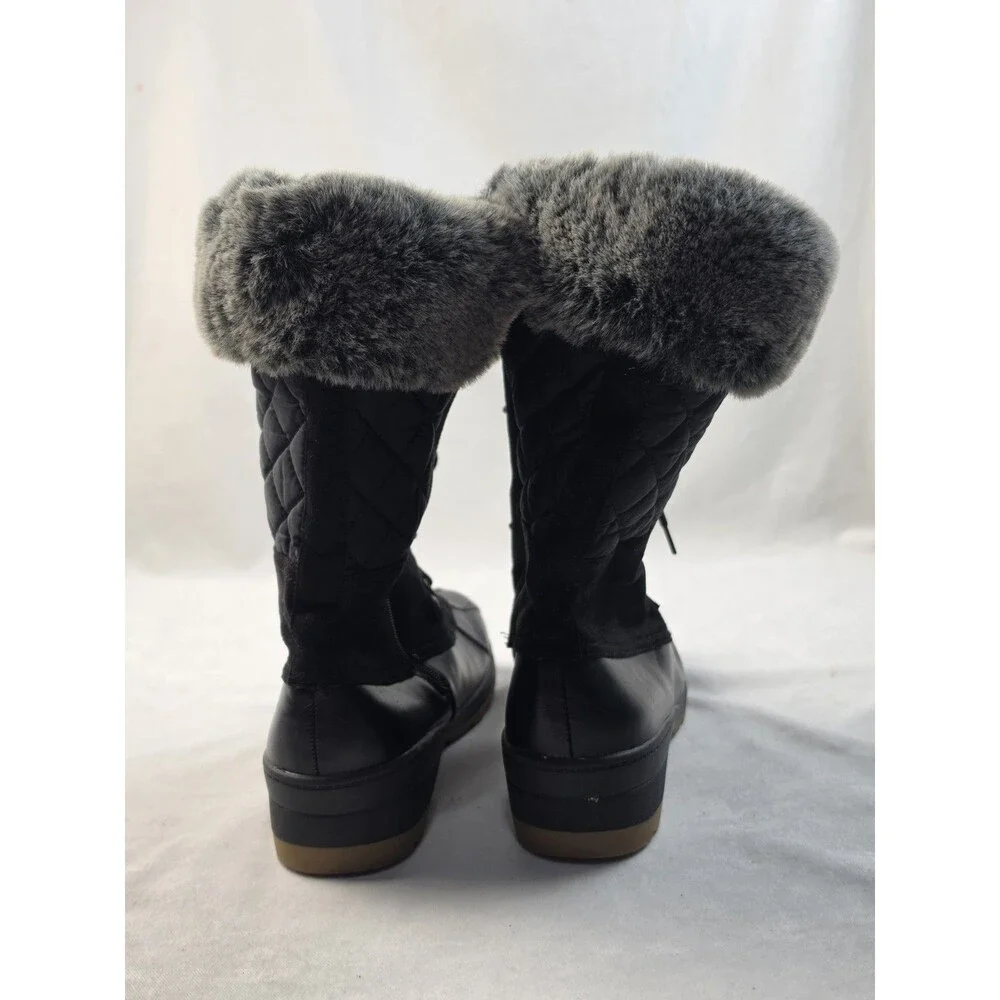 Women's Black Faux Fur Trim Lace-Up Quilted Winter Snow Boots